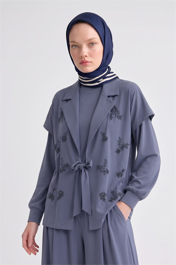 Üç Çizgi Detaylı Twill İpek Eşarp Lacivert