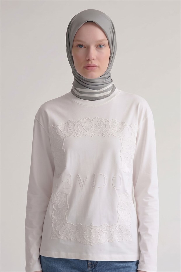 Üç Çizgi Detaylı Twill İpek Eşarp Gri