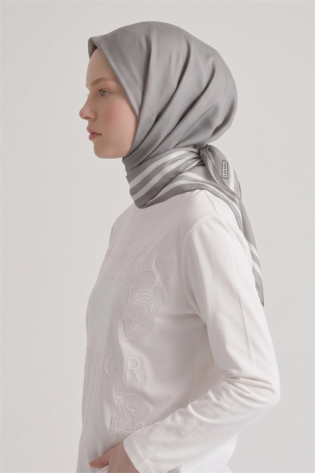 Üç Çizgi Detaylı Twill İpek Eşarp Gri