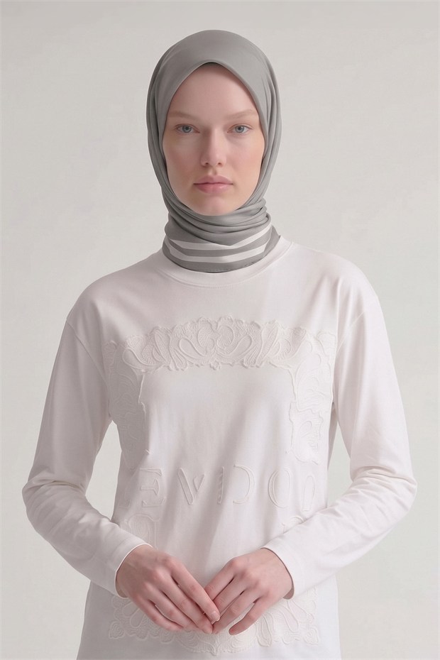 Üç Çizgi Detaylı Twill İpek Eşarp Gri