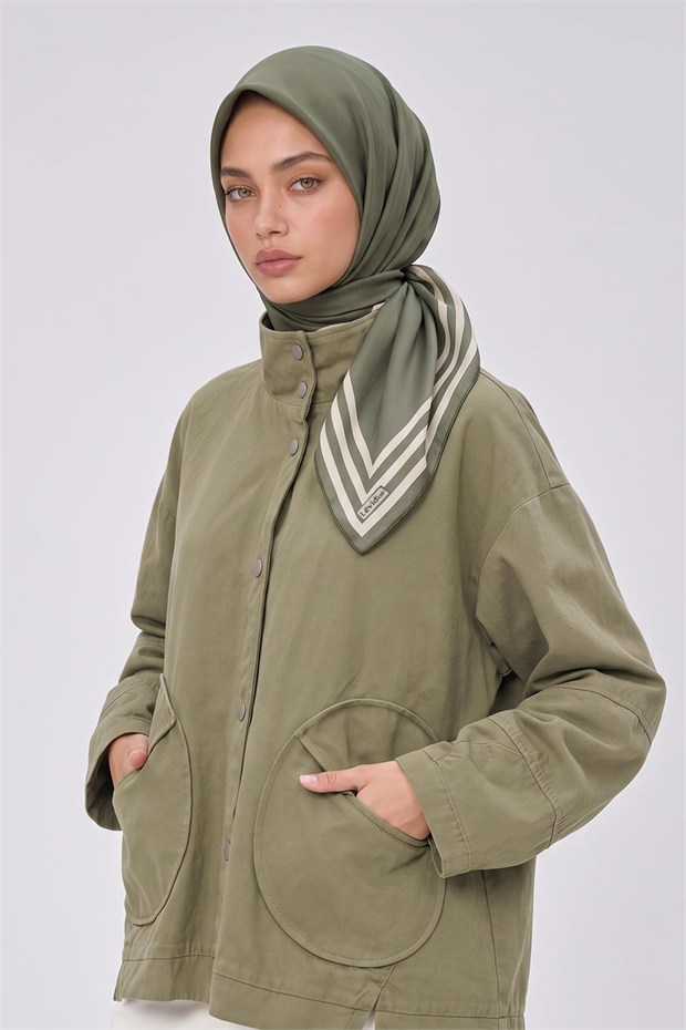 Üç Çizgi Detaylı Twill İpek Eşarp Yeşil
