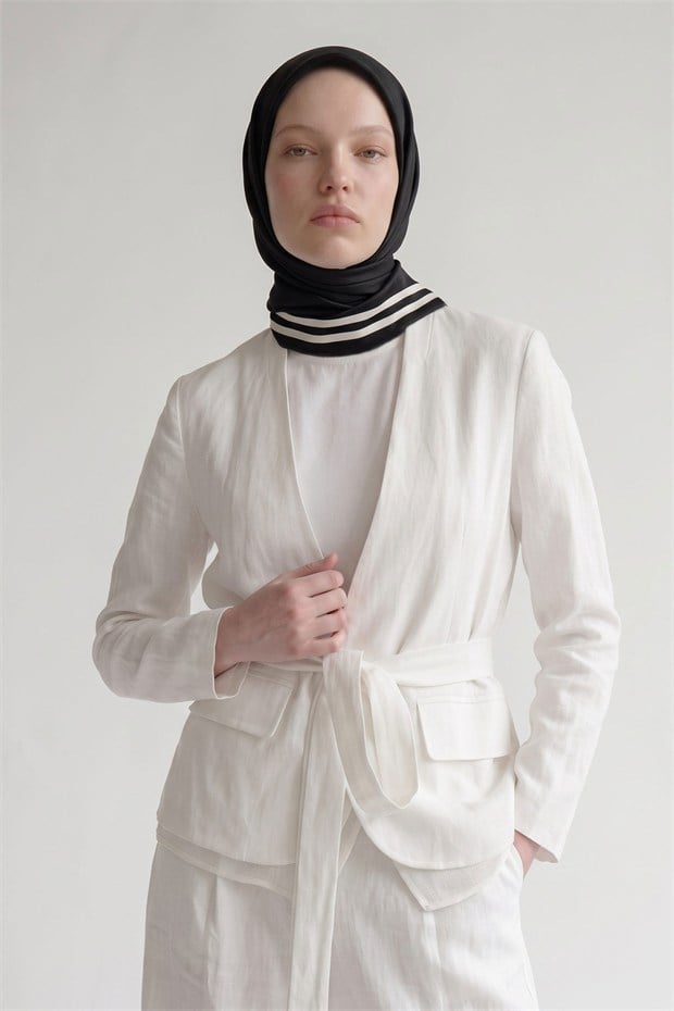 Üç Çizgi Detaylı Twill İpek Eşarp Siyah