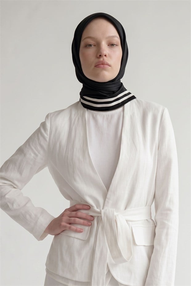 Üç Çizgi Detaylı Twill İpek Eşarp Siyah