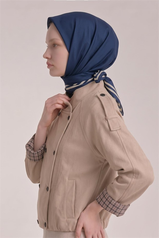 Üç Çizgi Detaylı Twill İpek Eşarp Mavi
