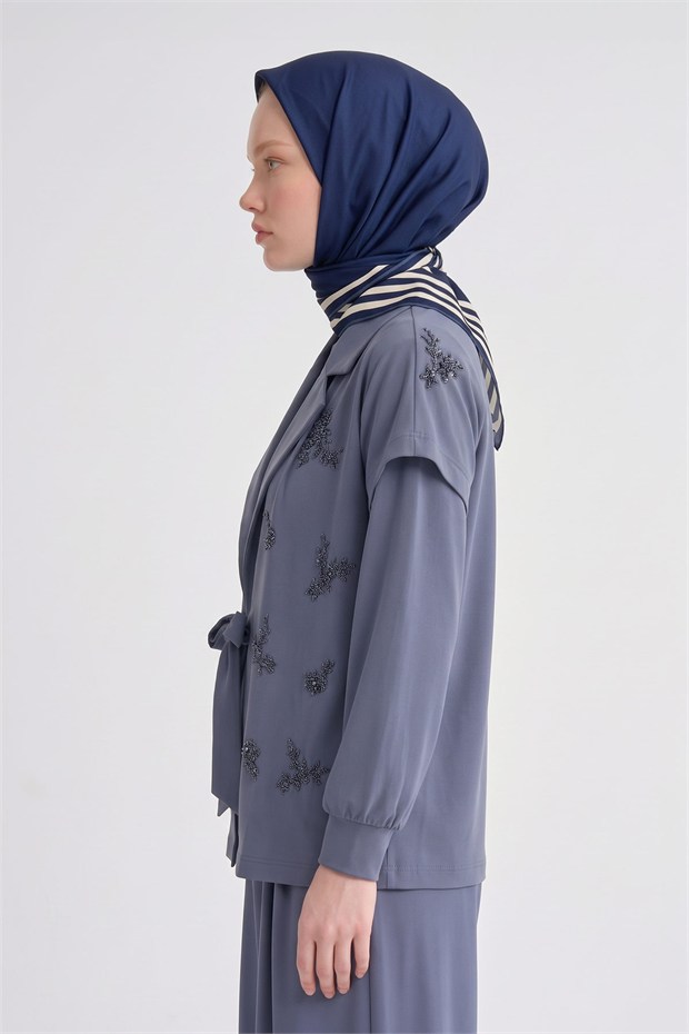 Üç Çizgi Detaylı Twill İpek Eşarp Lacivert