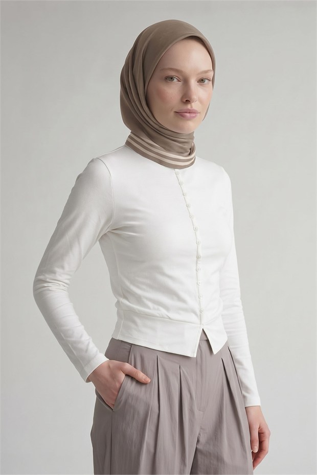 Üç Çizgi Detaylı Twill İpek Eşarp Koyu Vizon