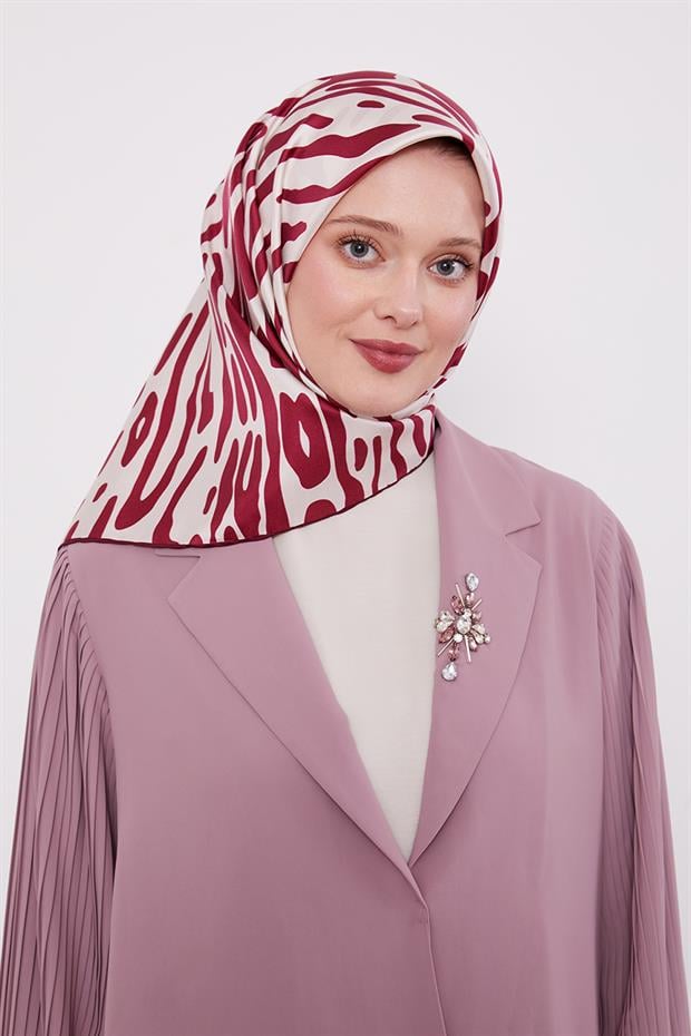 Vişne Büyük Leopar Desen Twill İpek Eşarp