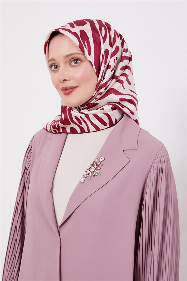 Vişne Büyük Leopar Desen Twill İpek Eşarp