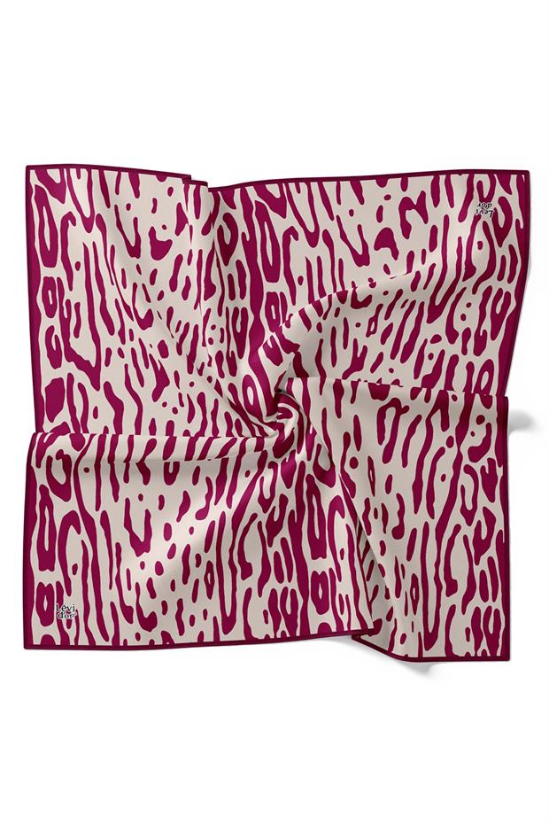 Vişne Büyük Leopar Desen Twill İpek Eşarp