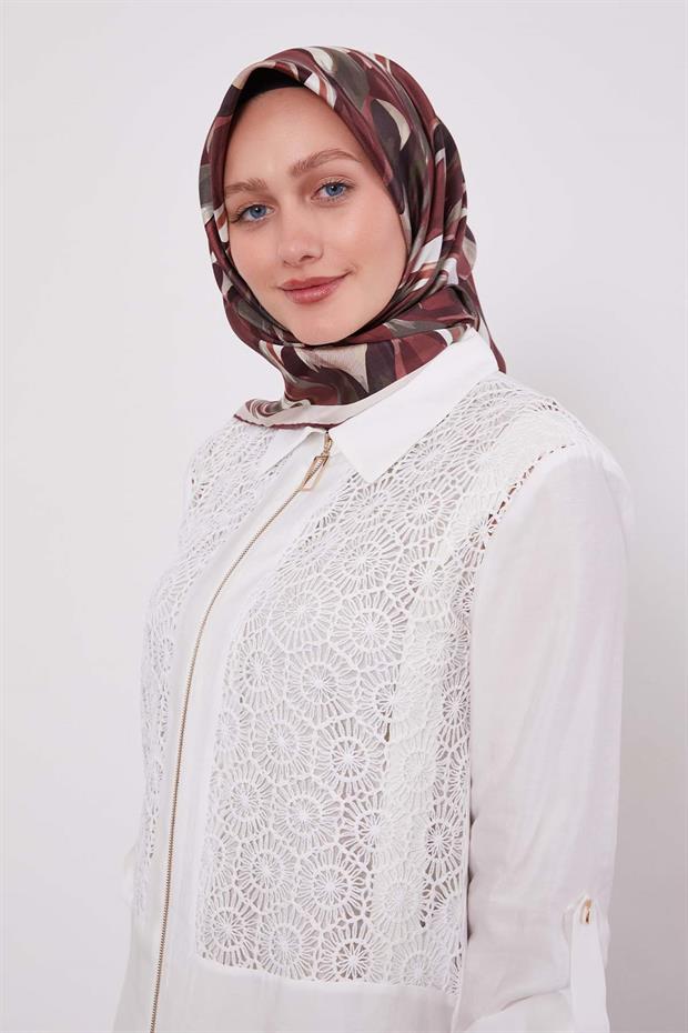 Vişne Ebruli Desen Twill İpek Eşarp