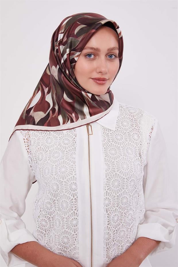 Vişne Ebruli Desen Twill İpek Eşarp