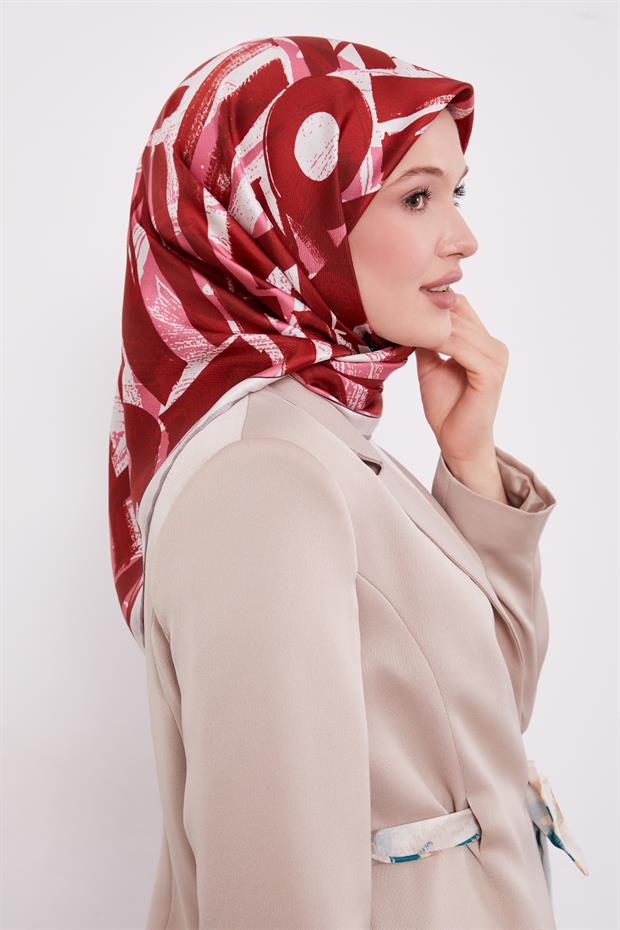 Vişne Harf Baskılı Twill İpek Eşarp