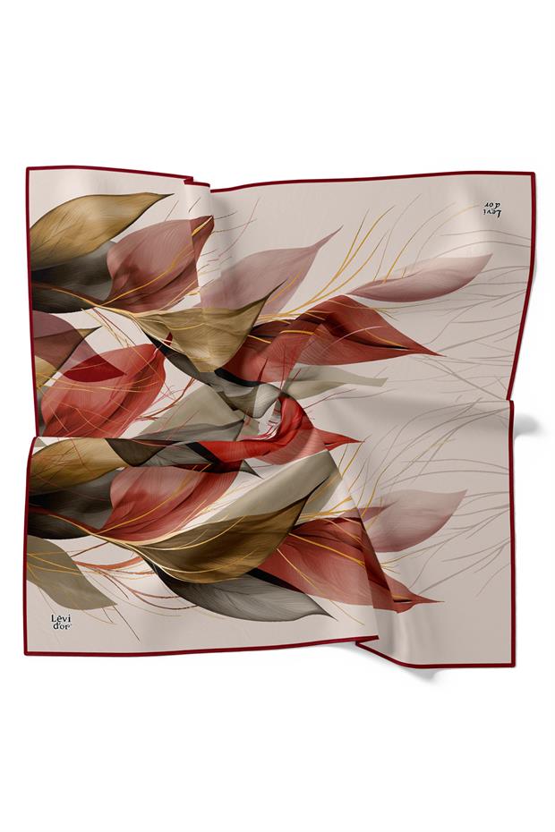 Vişne İnce Yaprak Desen Twill İpek Eşarp