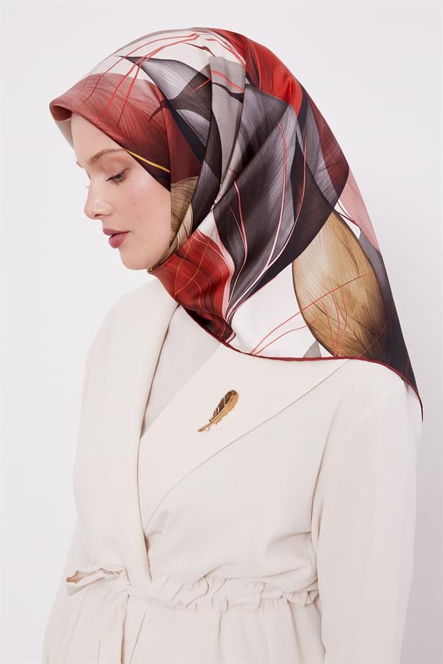 Vişne İnce Yaprak Desen Twill İpek Eşarp