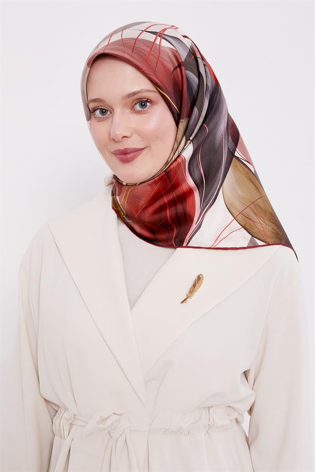 Vişne İnce Yaprak Desen Twill İpek Eşarp