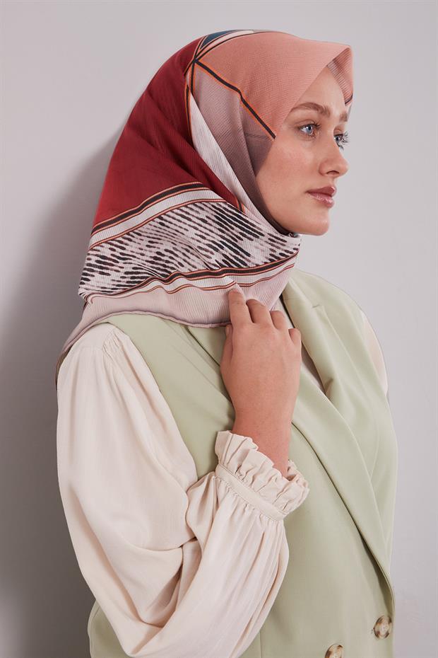 Vişne Karışık Geometrik Desen Pamuk Eşarp