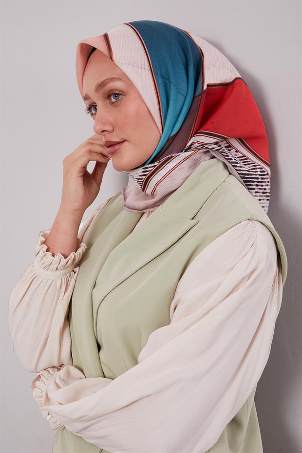 Vişne Karışık Geometrik Desen Pamuk Eşarp