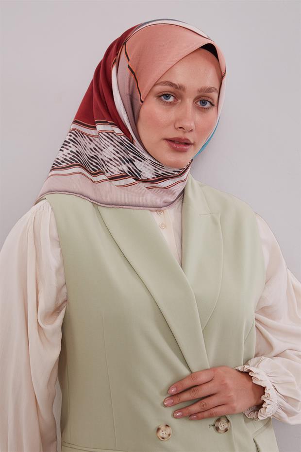 Vişne Karışık Geometrik Desen Pamuk Eşarp