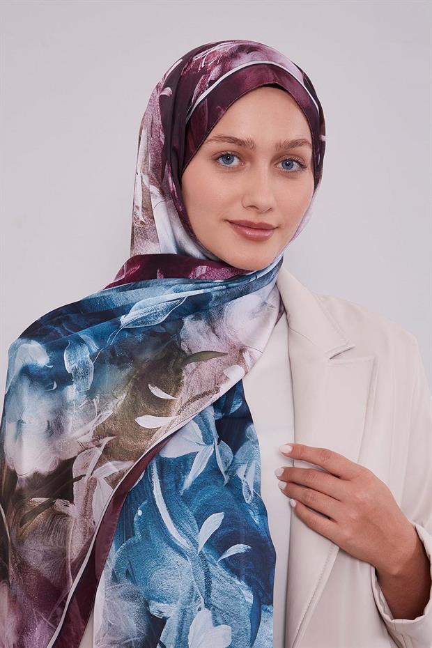 Vişne Karışık Yaprak Desen Hint İpeği Şal