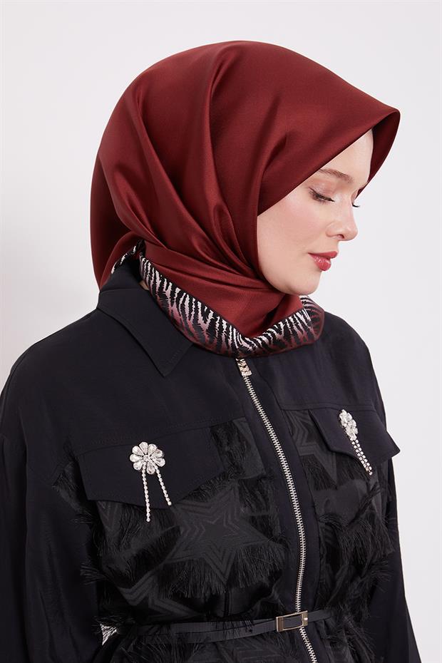 Vişne Kenar Leopar Desen Twill İpek Eşarp