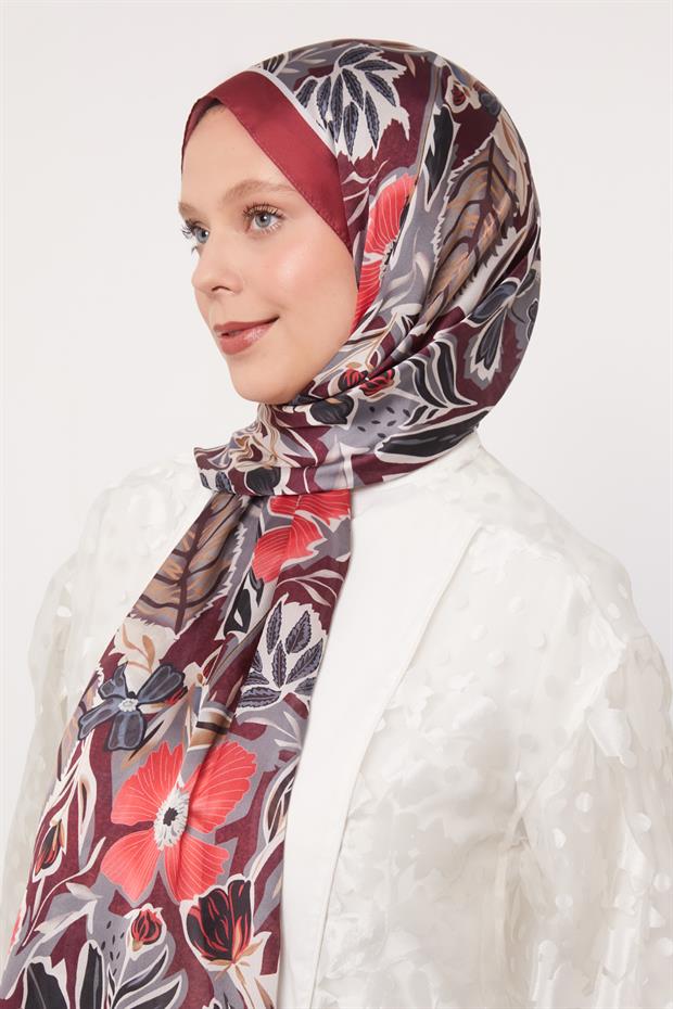 Vişne Petunya Desen Hint İpeği Şal