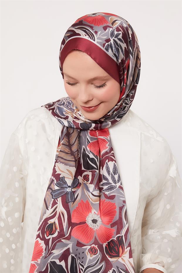 Vişne Petunya Desen Hint İpeği Şal