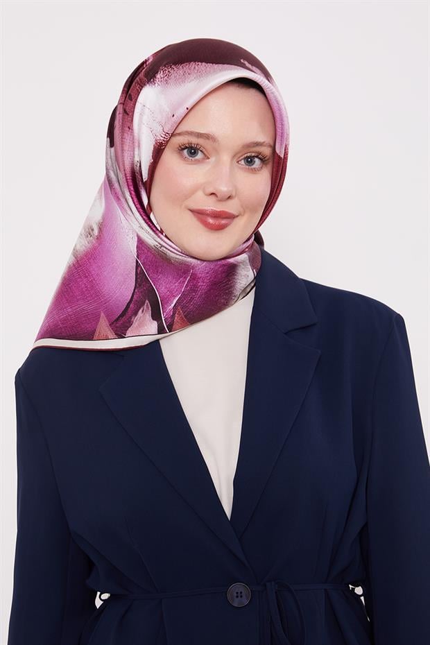 Vişne Yansıma Yaprak Desen Twill İpek Eşarp