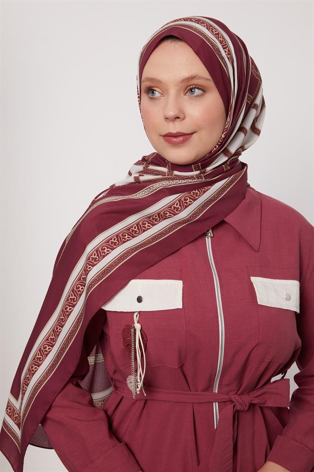 Vişne Şeritli Varak Desen Love Şal