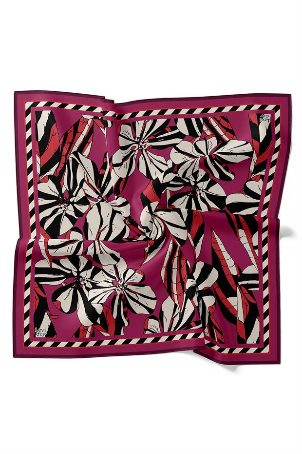 Vişne Zambak Desen Twill İpek Eşarp