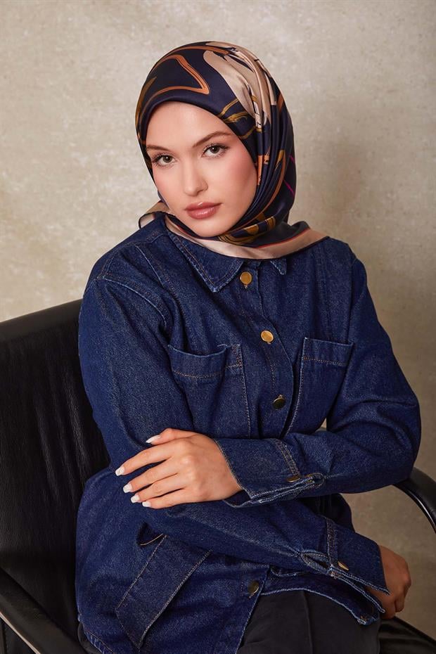 Vizon Çiçek Desen Twill İpek Eşarp