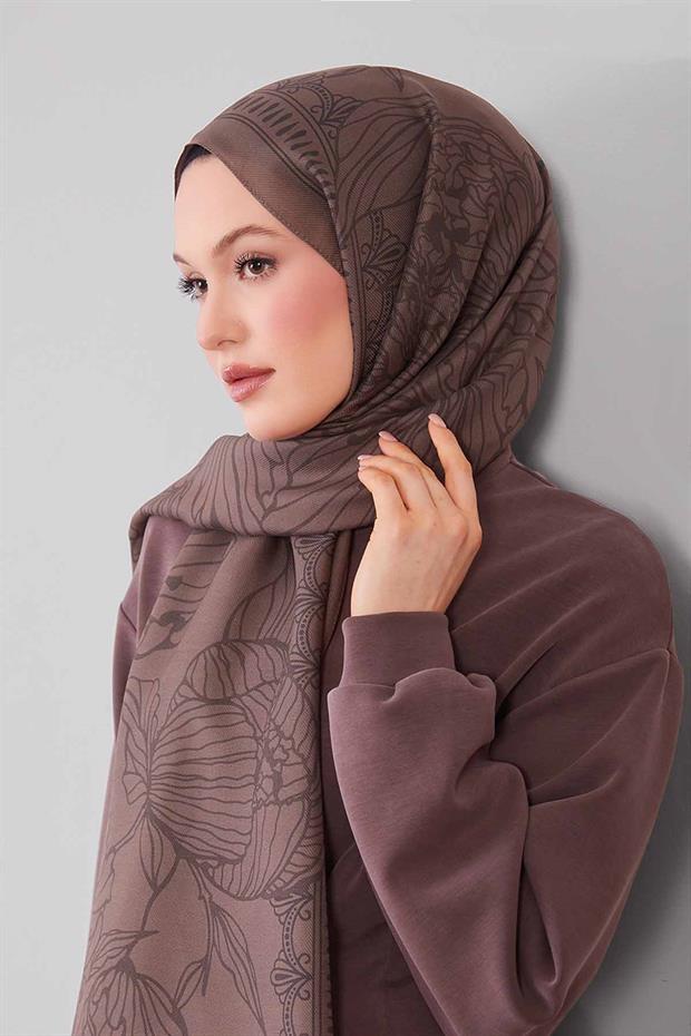 Vizon Çiçek Desenli Yün İpek Şal