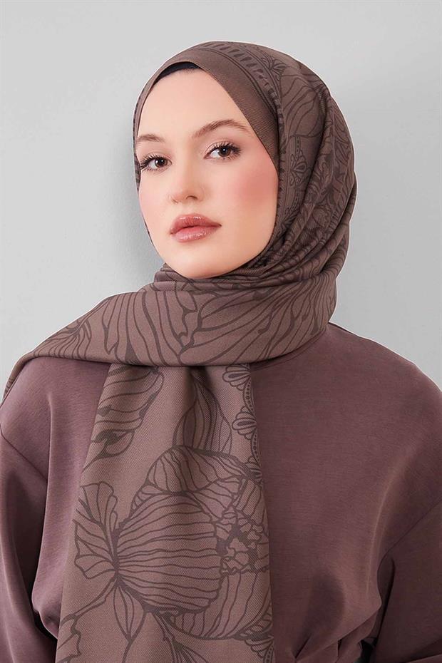 Vizon Çiçek Desenli Yün İpek Şal