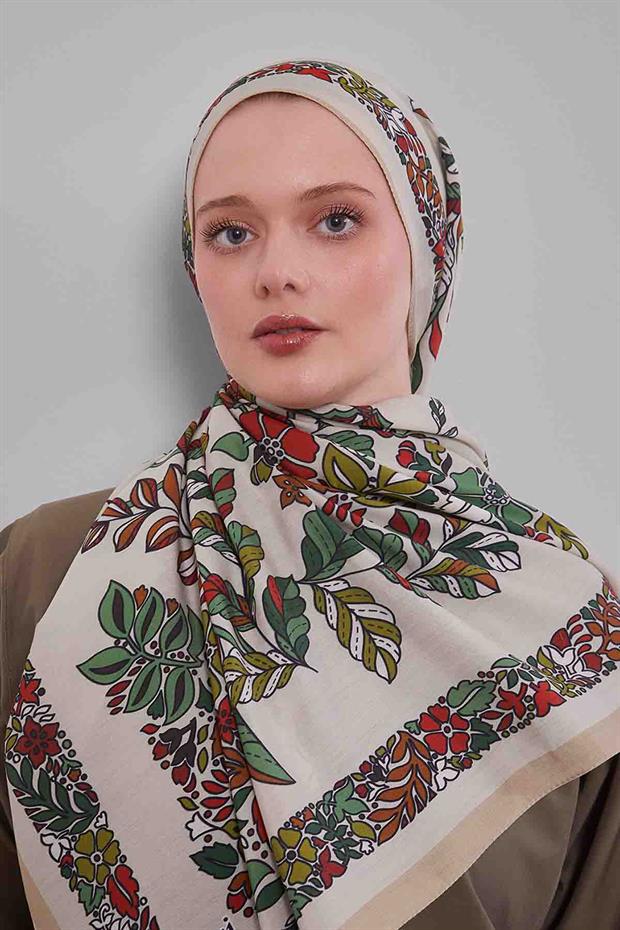 Vizon Çiçek Yaprak Desen Aura Eşarp
