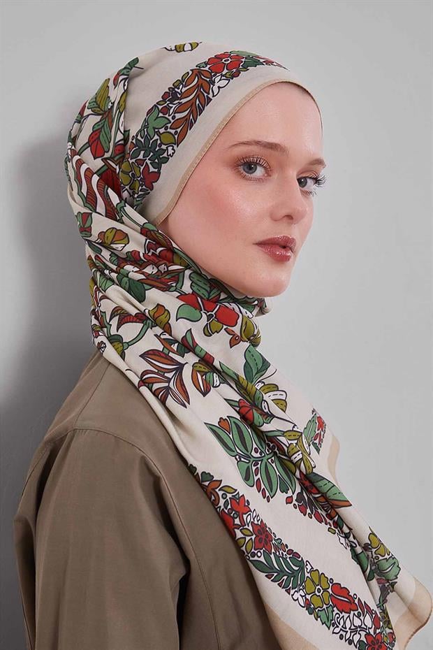 Vizon Çiçek Yaprak Desen Aura Eşarp