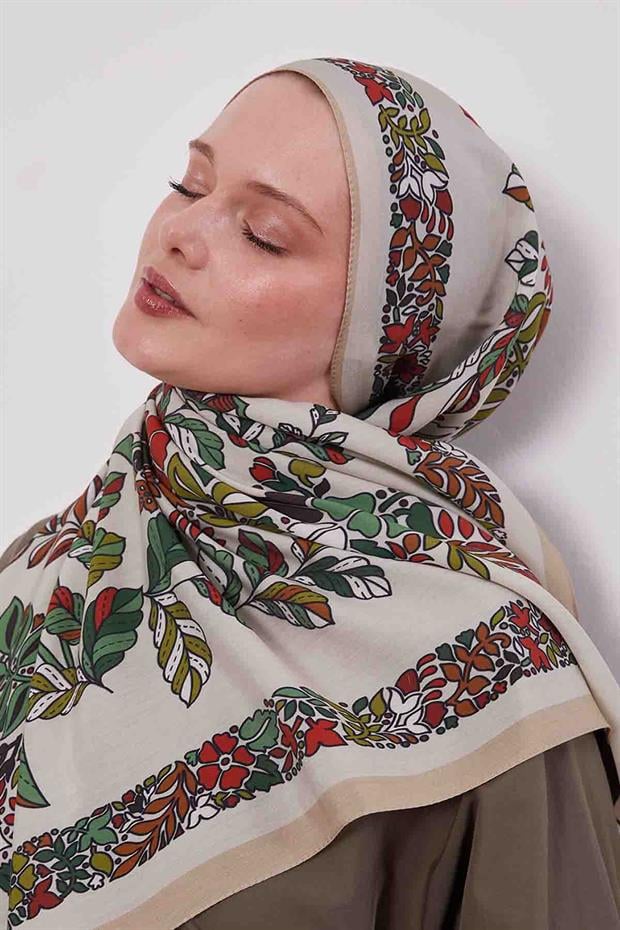 Vizon Çiçek Yaprak Desen Aura Eşarp