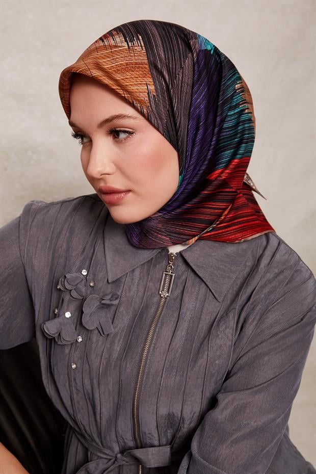 Vizon Çizgi Desen Twill İpek Eşarp