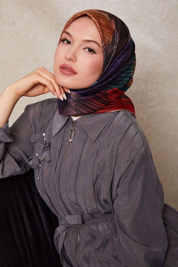 Vizon Çizgi Desen Twill İpek Eşarp