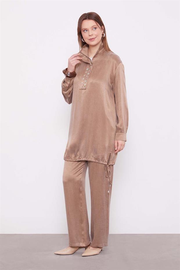 Vizon Dik Yaka Düğme Detaylı Cupra İkili Takım