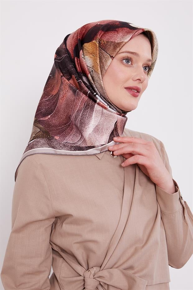 Vizon Soyut Ebruli Desen Twill İpek Eşarp