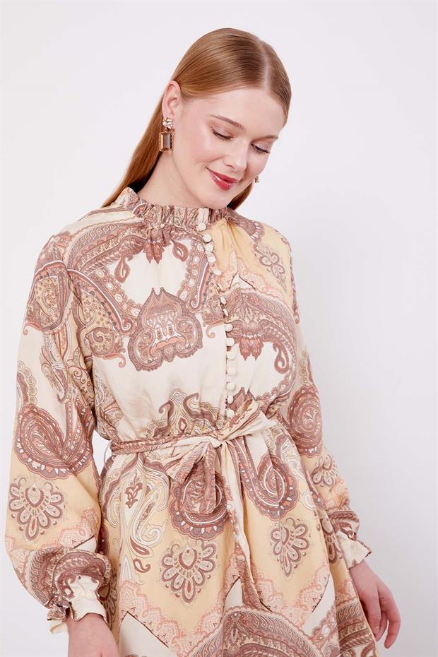 Vizon Etnik Desenli Elbise