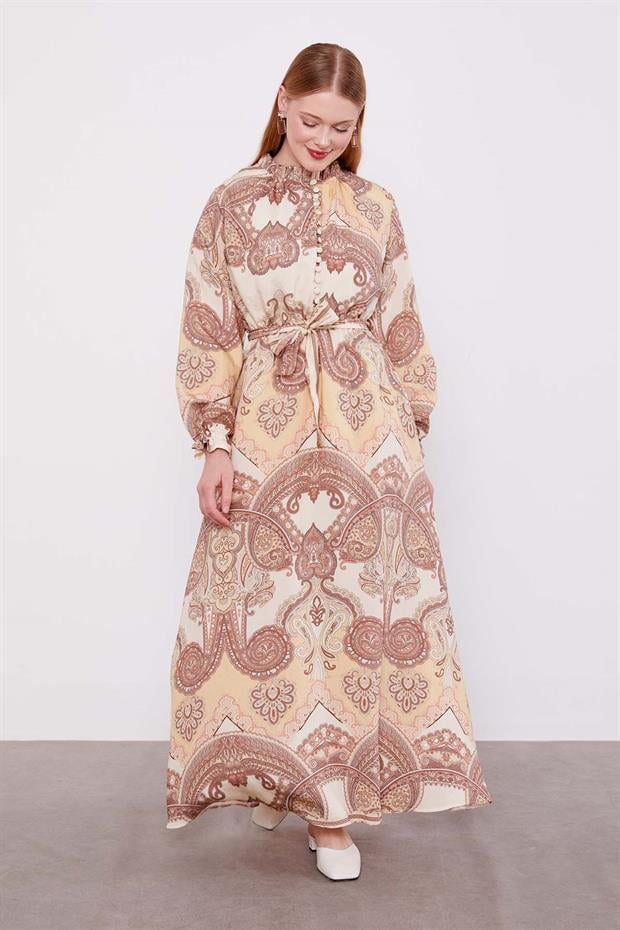 Vizon Etnik Desenli Elbise