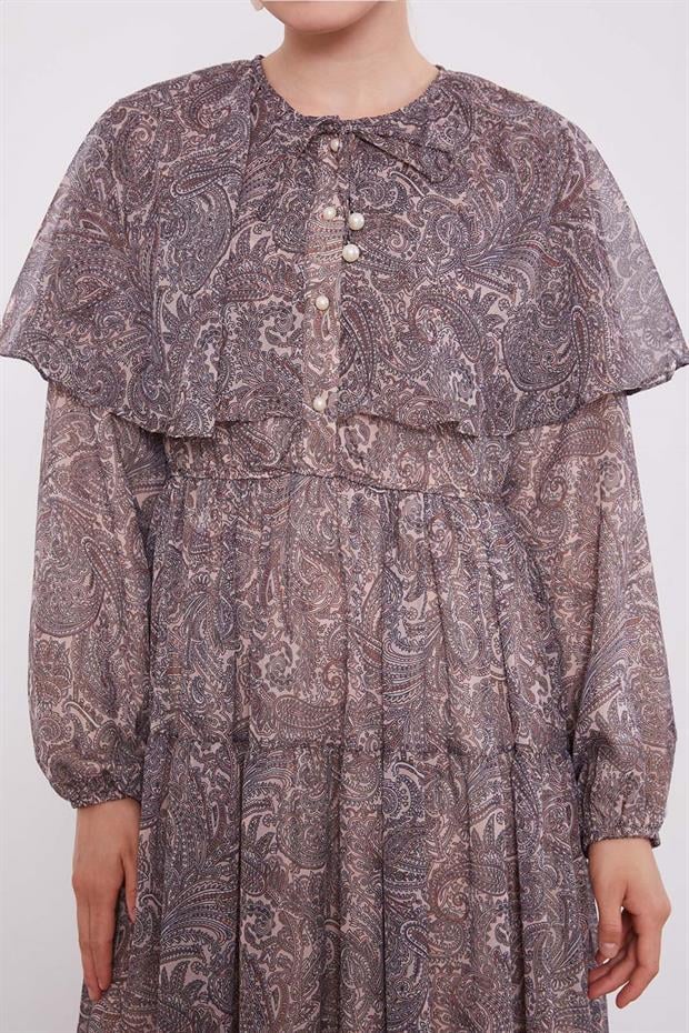 Vizon Etnik Desenli Şifon Elbise