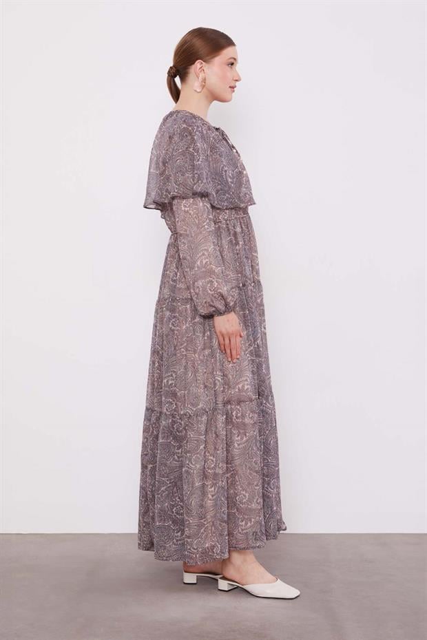 Vizon Etnik Desenli Şifon Elbise