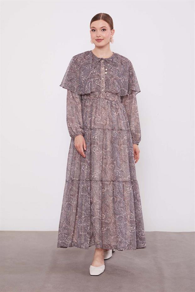 Vizon Etnik Desenli Şifon Elbise