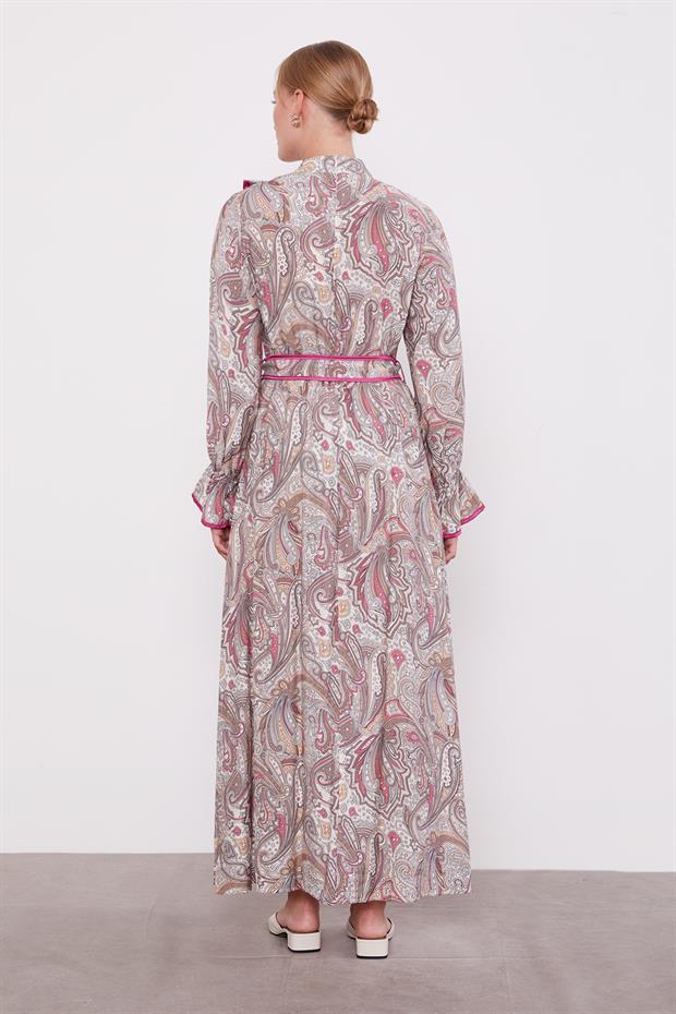 Vizon Fırfırlı Etnik Desen Elbise