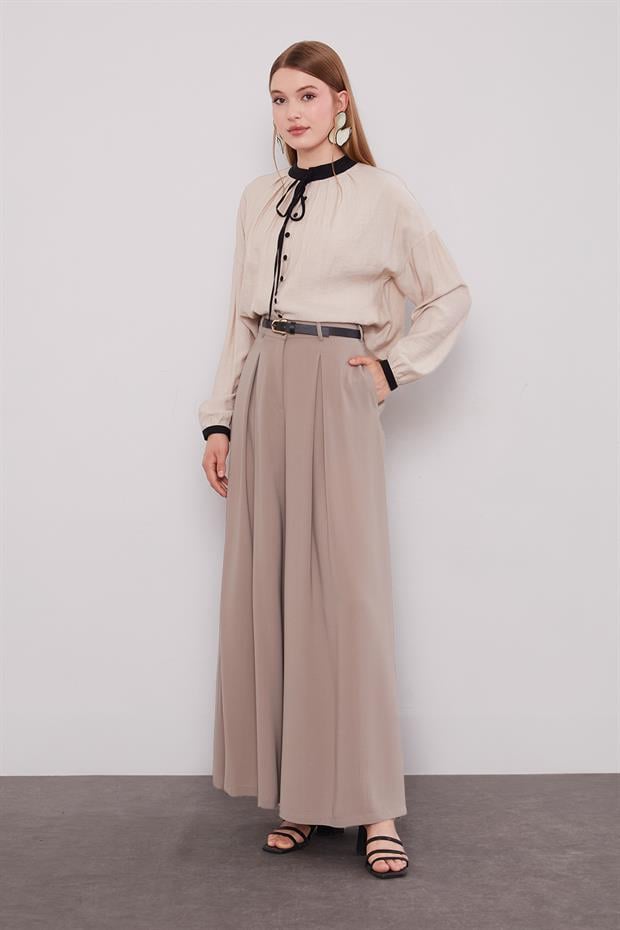 Vizon Geniş Paça Piliseli Pantolon Etek