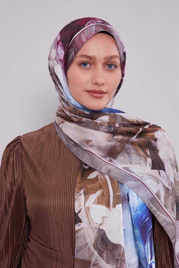Vizon Karışık Yaprak Desen Hint İpeği Şal