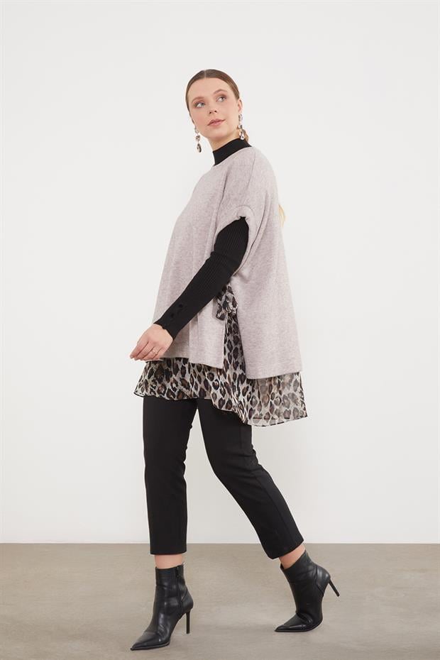 Leopar Tül Detaylı Tunik Vizon
