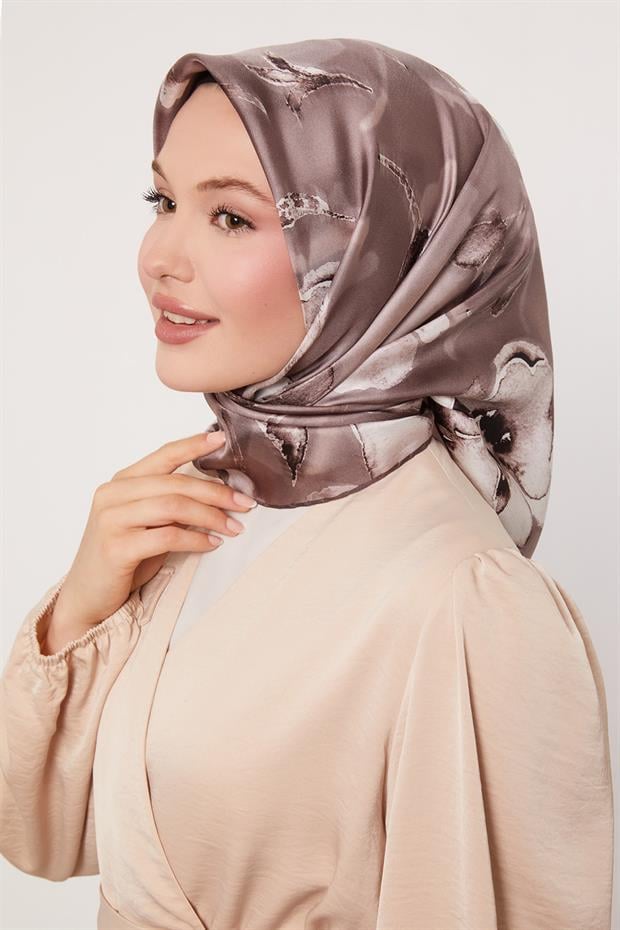 Vizon Lotus Çiçek Twill İpek Eşarp
