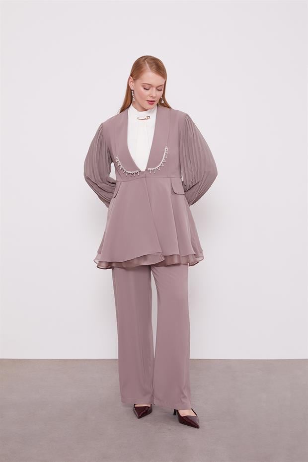 Vizon Şifon Kollu Taş Detay İkili Takım
